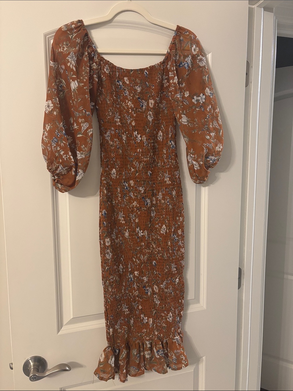 Petal & Pup Rust Floral Smocked Midi Dress Size 2